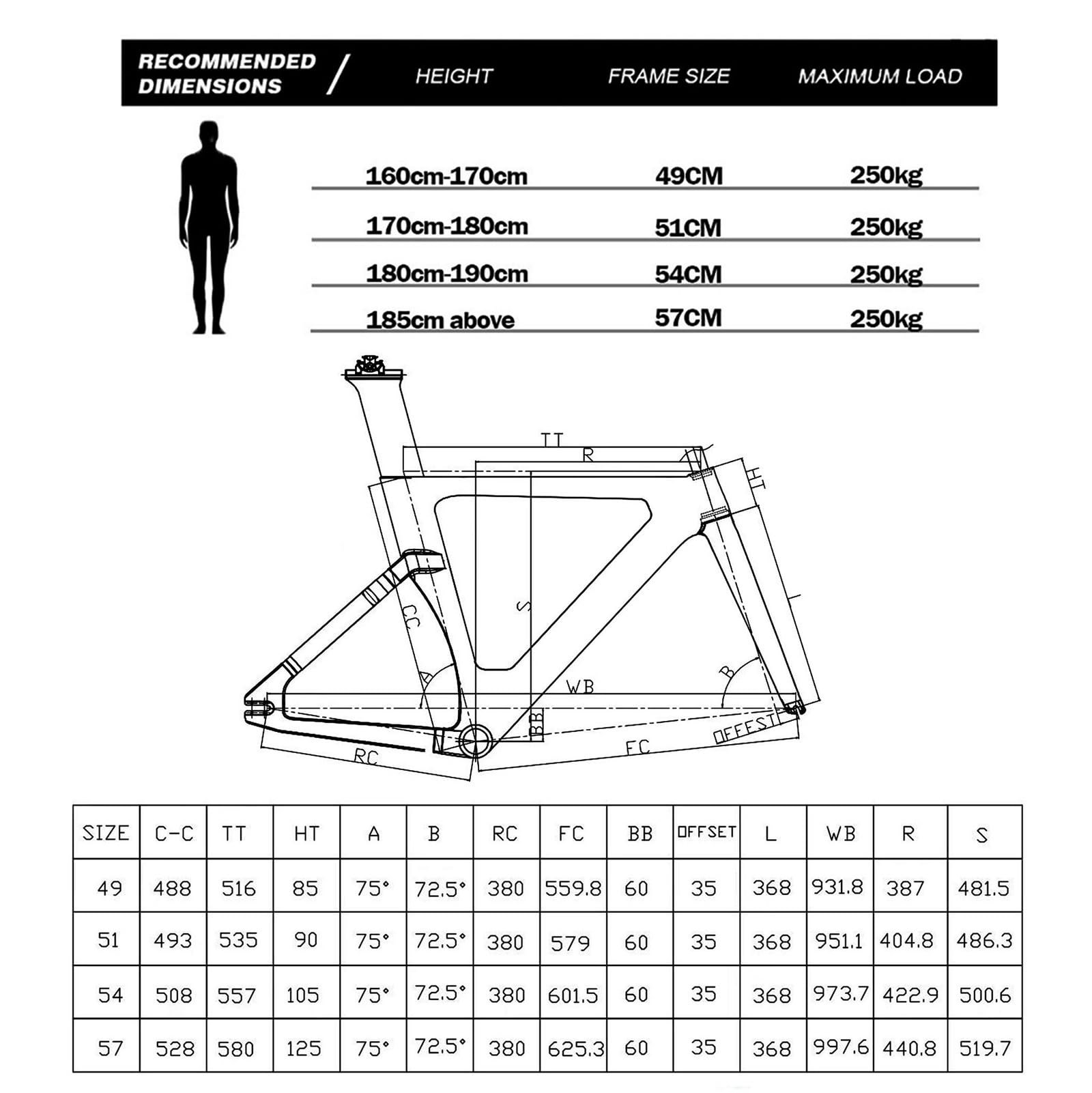 Fixie Carbon Frame for Fixed Gear Bikes with Fork and Seatpost 49